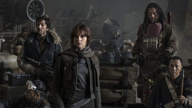 Star Wars: Rogue One L to R: Actors Riz Ahmed, Diego Luna, Felicity Jones, Jiang Wen and Donnie Yen Photo Credit: Jonathan Olley ©Lucasfilm 2016